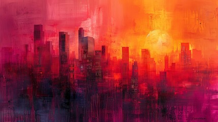 Vibrant hues depict a dreamlike scene of urban skyscrapers and Texas prairie landscapes, a unique abstraction. 
