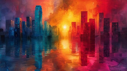 Vibrant hues depict a dreamlike scene of urban skyscrapers and Texas prairie landscapes, a unique abstraction.
