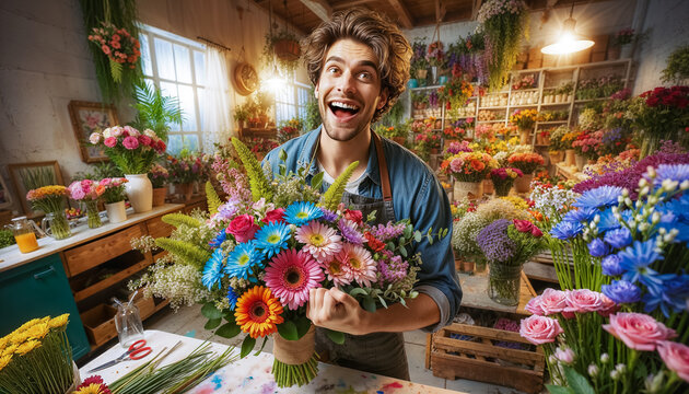 joyful young man florist in his workshop