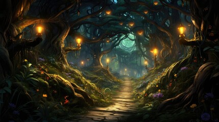 wide winding path through lush enchanted forest, with tree canopy, magical fairytale lanterns