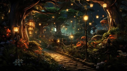 a portrait wide winding path through lush enchanted forest, with tree canopy, magical fairytale lanterns