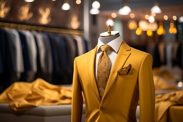 Yellow suit with necktie on a mannequin in a fashion store