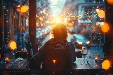 A woman sits facing a starry window as she enjoys the lively view from inside a cozy lit cafe