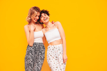 Two young beautiful smiling brunette hipster female in trendy summer clothes. Sexy women posing near yellow wall in studio. Positive models having fun. Cheerful and happy