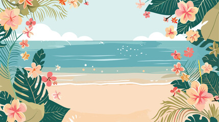 Fototapeta na wymiar Summer beach landscape with floral frame. Vector illustration