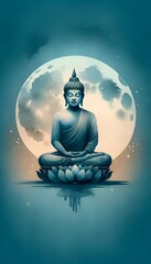 Buddha purnima watercolor illustration with buddha meditating on full moon night.
