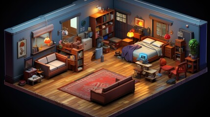 a illustration wide-angle isometric bedroom view condo, AI Generative