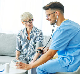 nurse doctor senior care caregiver help check exam blood pressure check pulse retirement home...