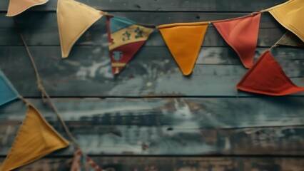 a collection of blank flags and pennants each representing a different historical era displayed on a rustic wooden table. .
