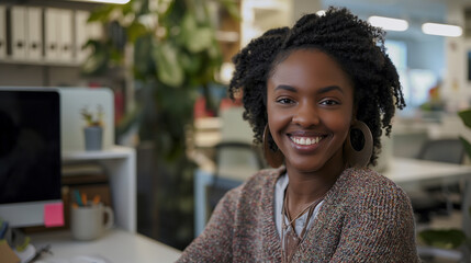 At the heart of a modern office hub, a black young woman sits at her desk, her smile a testament to her passion for her work as she delves into a challenging project with determina