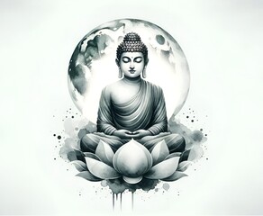 Watercolor illustration for buddha purnima with buddha statue in lotus position.