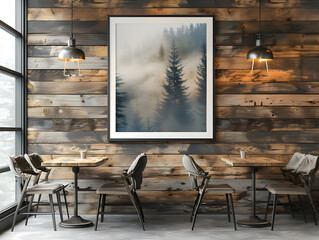 Rustic Elegance: Detailed Forest Scene Adorning White Frame Mockup on Wood Wall