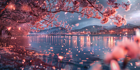 Sakura blossoms with falling petals over lake at dusk. The lights of city are reflected in water. Spring picturesque landscape with pink petals in air and on surface of water. Ai generation.