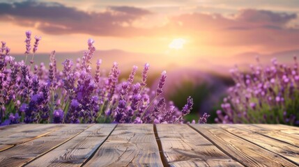 Beautiful lavender flower field with wooden table top for product display