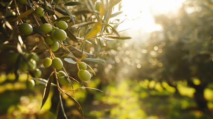 In a sun-drenched olive grove, the air is heavy with the scent of peppery olive oil as farmers carefully harvest plump olives, - obrazy, fototapety, plakaty