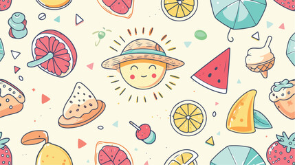 Summer pattern. Cute sun ice cream straw hat lemon