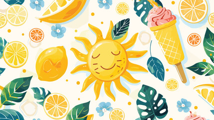 Summer pattern. Cute sun ice cream straw hat lemon