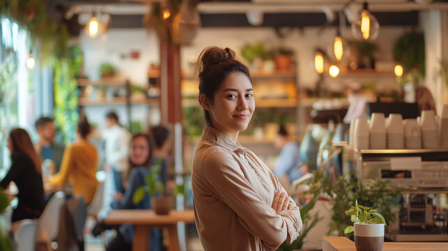 Amidst the buzz of activity in a bustling open-plan office, a young female HR manager welcomes new team members with a casual coffee chat, her relaxed demeanor and approachable per