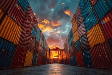 Fototapeta premium The warm golden sunset sky peeks through the towering stacks of colorful cargo containers in an industrial area