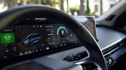Close-up of the charging station's interface, displaying charging statistics and options for eco-friendly charging modes, empowering users to make informed choices about their ener