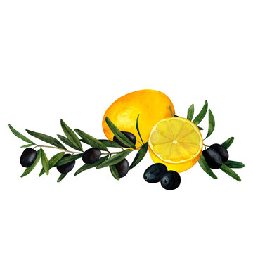 recommend clip art: Olive branches and juicy lemons, Mediterranean citrus composition, hand-painted watercolor wall art for printing on invitations, labels, product packages, kitchen and restaurant design and decoration
