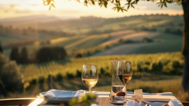 an al fresco dining menu with a picturesque view of rolling hills in the background. .