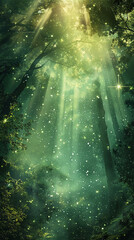 Mystical forest bathed in the light of cosmic rays, blending natural beauty with the enigmatic...