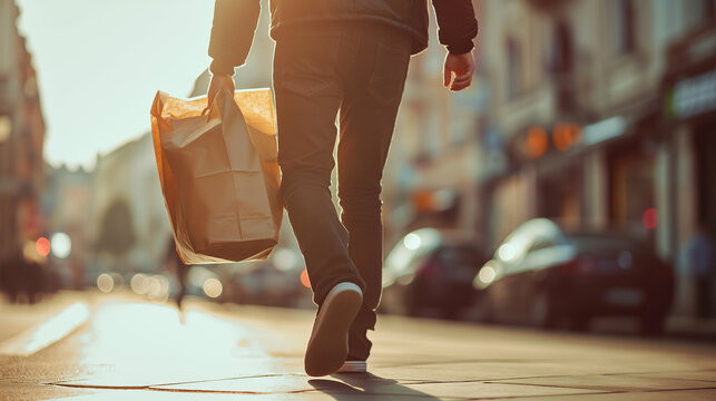 A close-up of a food delivery man's confident stride as he carries a bag of food orders, his uniform reflecting professionalism and reliability, guaranteeing timely and efficient d