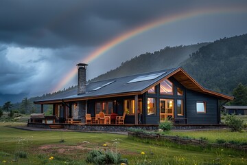 A picturesque rural estate on a hilltop with a rainbow, surrounded by scenic countryside.