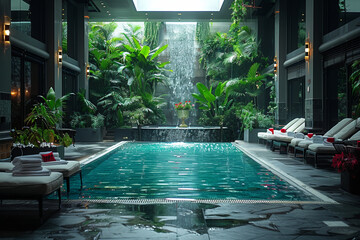 A tranquil spa resort oasis with an inner pool, exotic waterfall, and lush tropical surroundings.