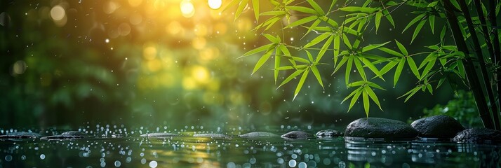 In a tranquil rainforest, raindrops create purity and reflection in a serene pond.