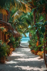 A picturesque pathway winds through an exotic palm-lined beach, inviting relaxation by the turquoise sea.