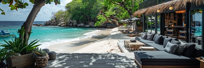 Amidst an idyllic tropical paradise, a tranquil coastline beckons with sandy shores and palm-lined patios.
