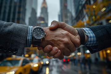 Two businessmen shake hands, sealing a successful partnership in a corporate office setting.