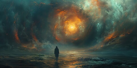 In the midst of a cosmic storm, a lone figure stands before a surreal gateway.