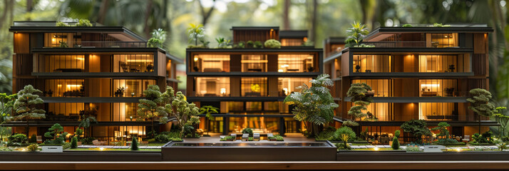 A miniature eco-condo model within an urban landscape, blending modern architecture with green...