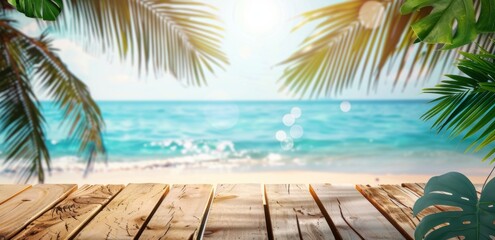Photo of Wooden table on tropical beach with palm leaves and blue sea background