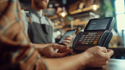 A close-up shot of a man confirming his payment on the digital display of the payment terminal at the cafe, while the waitress beside him smiles approvingly, her friendly demeanor