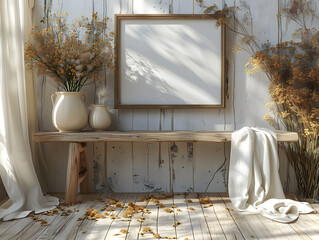 Muted Harmony: White Frame Mockup Surrounded by Earth Tones in Home Office