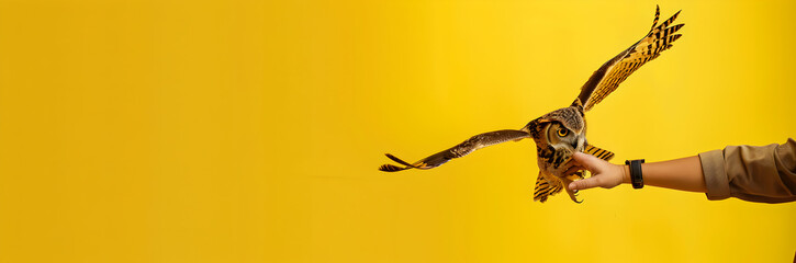 Wildlife rescue volunteer web banner. Volunteer releasing rehabilitated owl on yellow background with copy space.