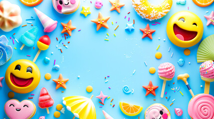 Background with happy emoticons and summer symbols and the words "Holidays". 