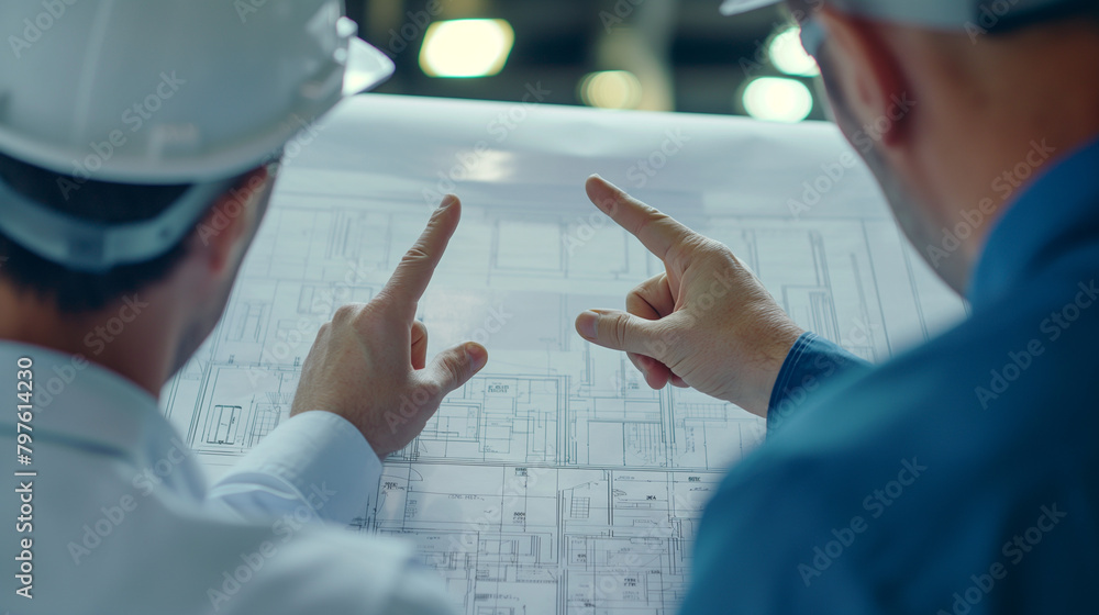 Poster close-up of two engineers in white helmets pointing to specific details on construction drawings, th