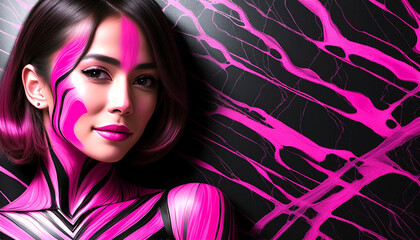 Generative AI photo of a sexy brunette female model with vibrant hot pink and black body paint