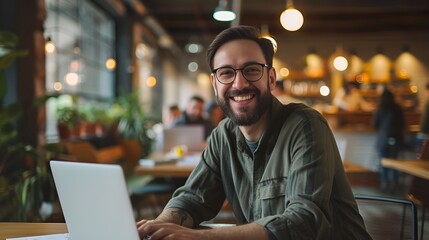 Happy Entrepreneur with Laptop in Blurred Co working Space, Entrepreneur, laptop, blurred