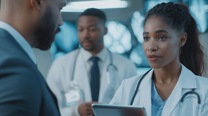 Fototapeta premium Close-up of a female doctor in a modern hospital setting, sharing diagnostic images on a tablet with a man in a formal business suit, their collaborative discussion reflecting the