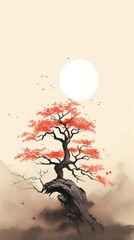 Chinese banyan on the mountain and red sun outdoors painting nature.