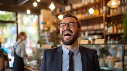 Fototapeta premium Joyful Businessman in Blurred Cafe Interior, Joyful, businessman, cafe interior, blurred