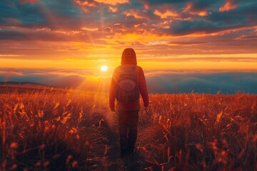 Fototapeta premium A vibrant image depicting an adventurer with a backpack walking through a field, the path leading towards a stunning sunset and a cloudy sky