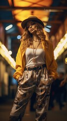 A woman in a yellow jacket and white shirt is posing for a photo