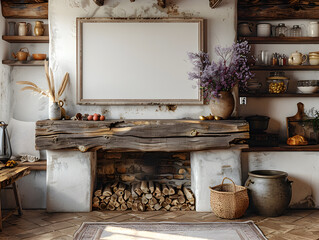 Cozy Kitchen Elegance: White Frame Mockup Enhances Rustic Decor in Cottage